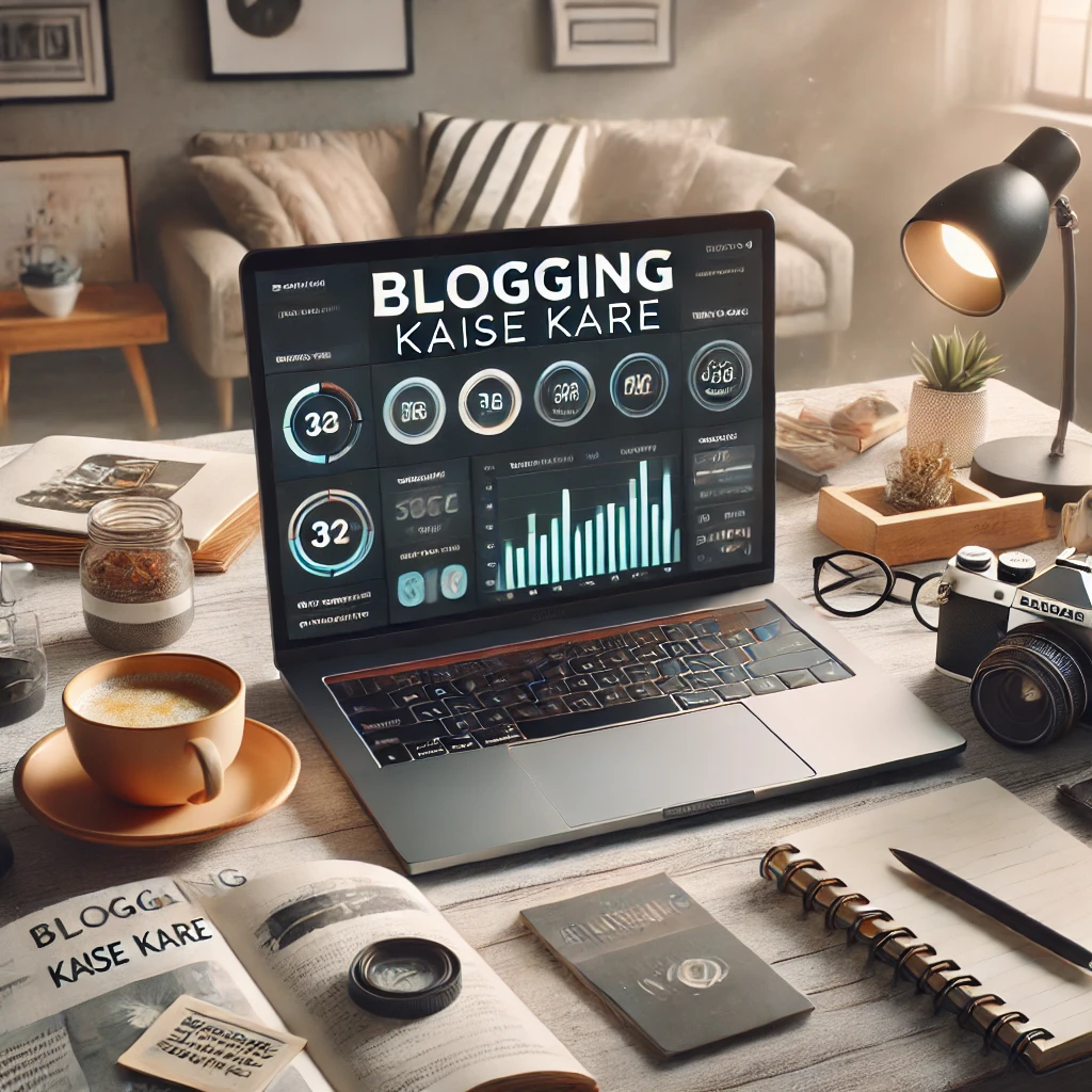 "एक आधुनिक कार्यस्थल जिसमें लैपटॉप पर ब्लॉगिंग डैशबोर्ड दिख रहा है, आसपास नोट्स, कॉफी और कैमरा रखा है।"
