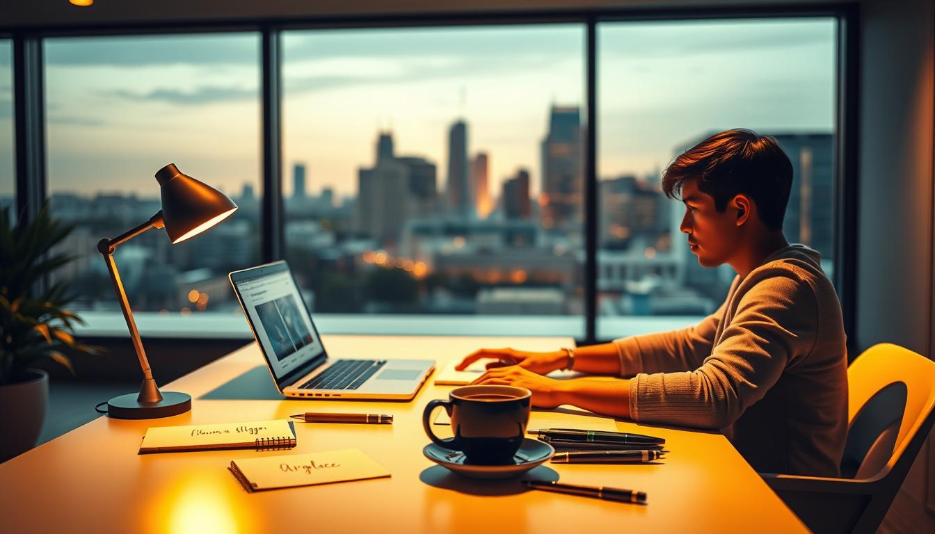 एक आधुनिक कार्यस्थल, लैपटॉप पर ब्लॉगिंग डैशबोर्ड, आसपास नोट्स, कॉफी और कैमरा।