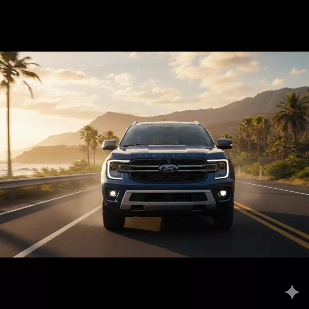 A sleek, powerful 2026 Ford Everest SUV navigates a winding highway, its front view showcasing a modern, muscular design. The vehicle exudes a sense of global capability, equipped with state-of-the-art safety features and advanced driver assistance systems (ADAS) that meet the highest global NCAP expectations. The scene is captured with a wide-angle lens, emphasizing the Everest's confident presence on the road. Warm, golden sunlight bathes the scene, creating a harmonious, premium atmosphere.