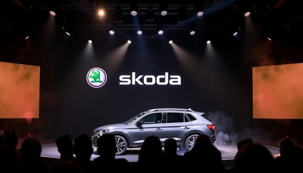 Skoda Slavia Facelift launch event concept showing the car under spotlight