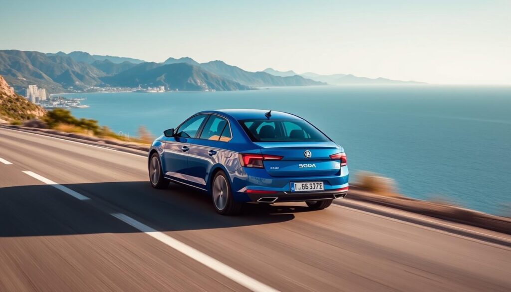 Skoda Slavia Facelift on a scenic road showcasing its premium sedan appeal