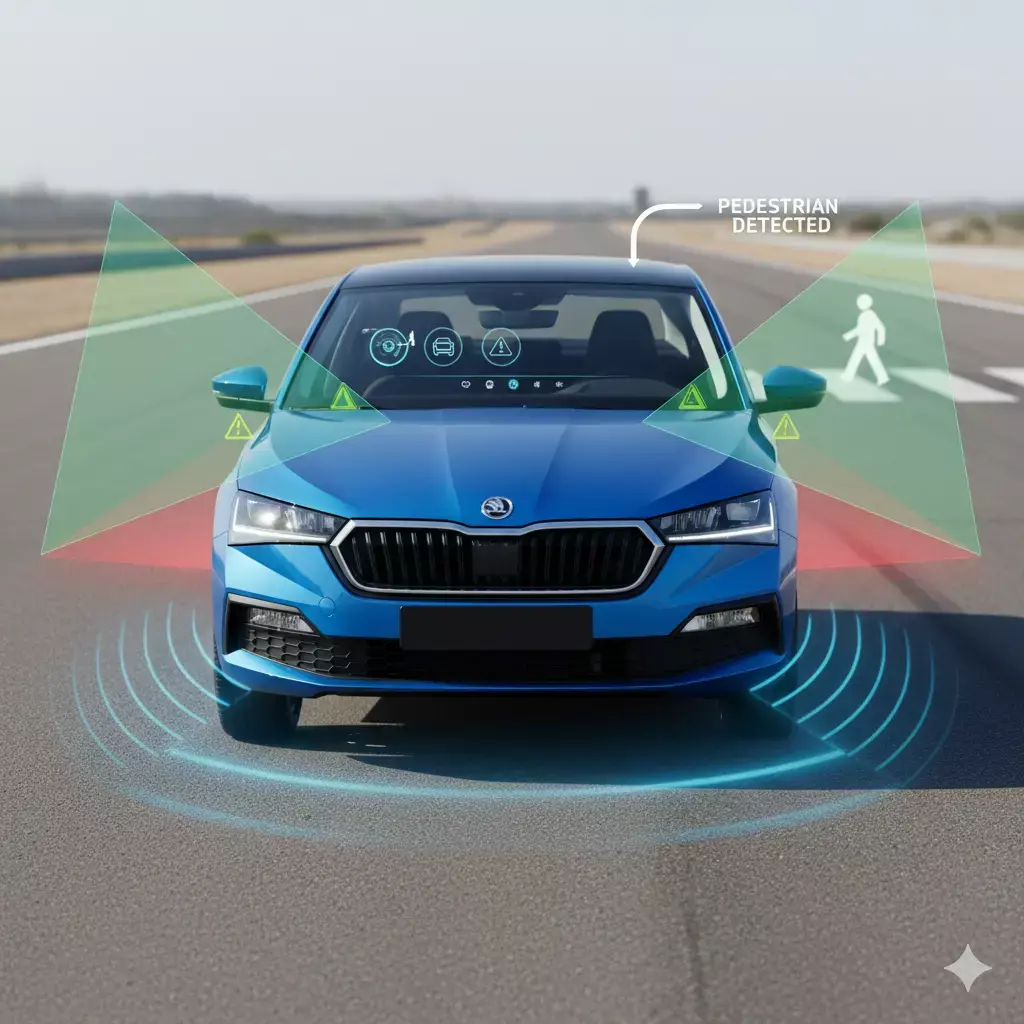Skoda Slavia Facelift safety features demonstration showing ADAS capabilities