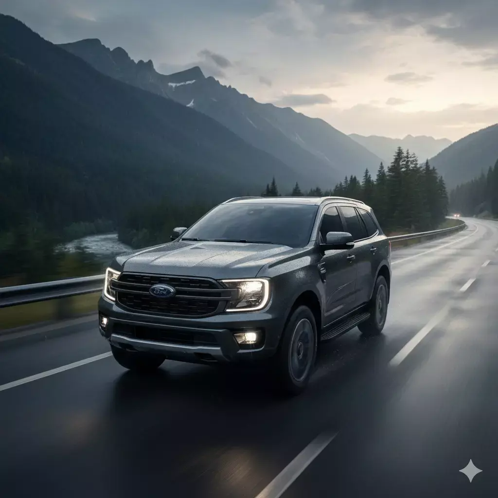 Sleek and imposing 2026 Ford Everest SUV in a dynamic highway setting, showcasing its modern, sculpted exterior design and powerful stance. Dramatic lighting and camera angles highlight the Everest's muscular presence, conveying both its global appeal and rugged capability. In the background, a scenic landscape frames the vehicle, creating a sense of adventure and exploration.