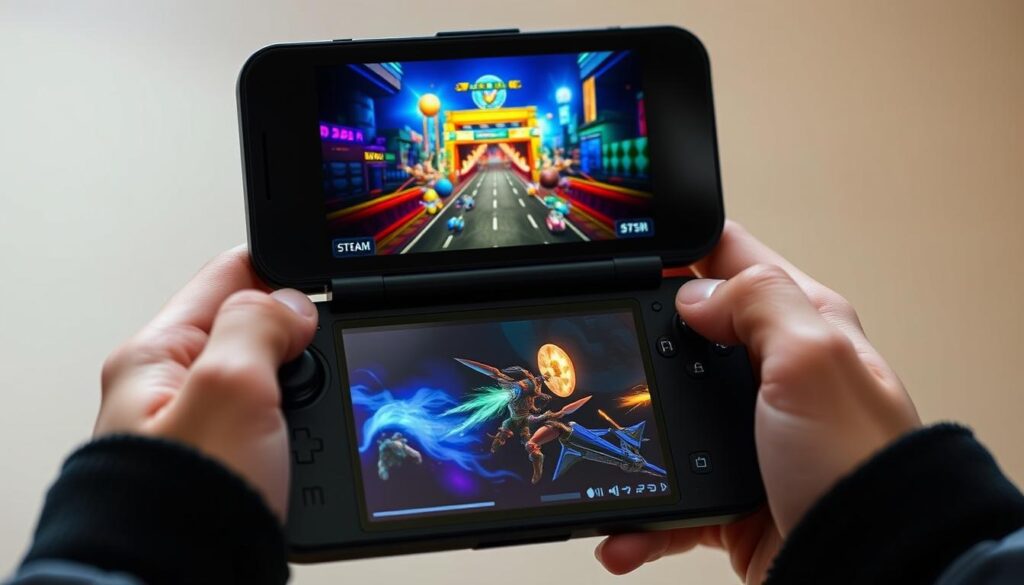 Steam Deck OLED handheld gaming console showing vibrant display and controls